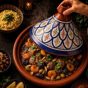 Può includere: Un tradizionale piatto di tajine marocchino con un coperchio decorativo viene aperto, rivelando uno stufato con albicocche, prugne e mandorle. Il piatto viene servito con couscous e altri contorni, creando una scena culinaria calda e invitante.