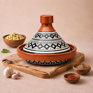 May include: A terracotta tagine pot with a black and white geometric design on the lid, set on a wooden board with small bowls of spices and a bowl of couscous. The tagine is a traditional North African cooking vessel.