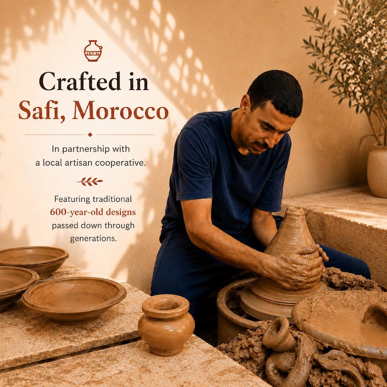 May include: A craftsman in a blue shirt works on a pottery wheel, shaping clay. The image includes text that reads "Crafted in Safi, Morocco" and "Featuring traditional 600-year-old designs passed down through generations."