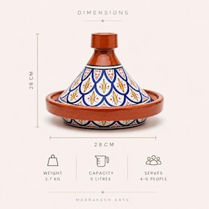 May include: A terracotta tagine pot with a conical lid and a wide base. The pot features a blue, white, and yellow patterned design. It measures 28 cm in height and width, and serves 4-6 people. It weighs 2.7 kg and has a capacity of 5 liters.