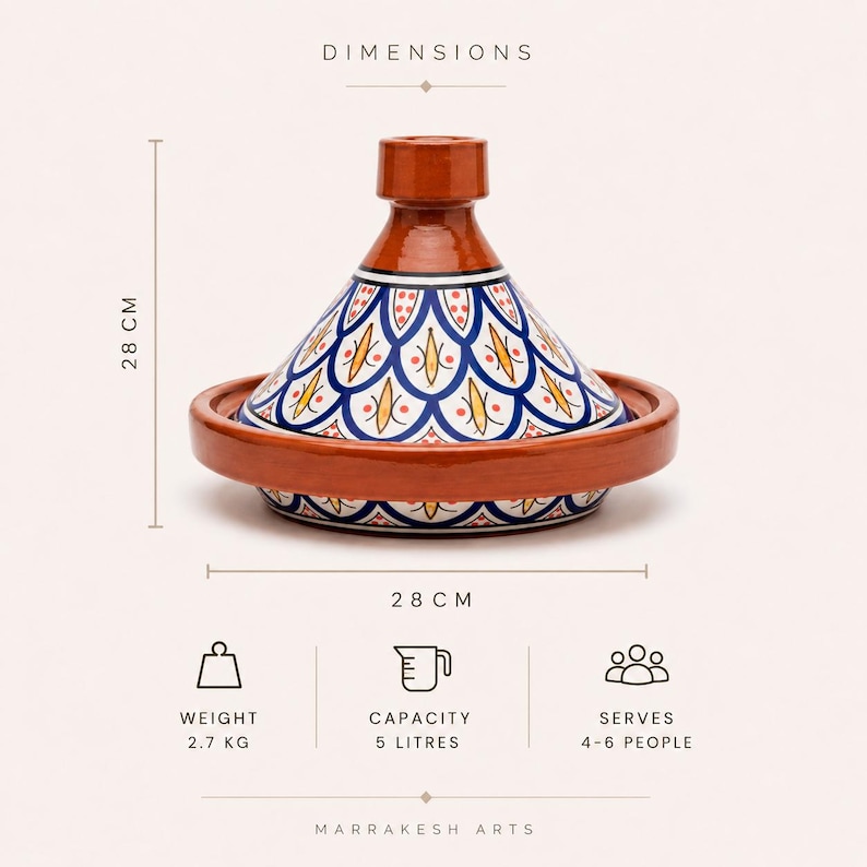 May include: A terracotta tagine pot with a conical lid and a wide base. The pot features a blue, white, and yellow patterned design. It measures 28 cm in height and width, and serves 4-6 people. It weighs 2.7 kg and has a capacity of 5 liters.