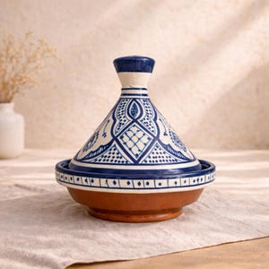 Tagine marroquí decorativo / Tagine de cerámica azul y blanca / Decoración / Centro de mesa / Regalo de inauguración de casa