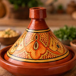 May include: A terracotta tagine pot with a conical lid. The lid is decorated with an intricate orange and yellow floral pattern. The base and lid are a deep reddish-brown color. This traditional cookware is used for slow-cooked stews.