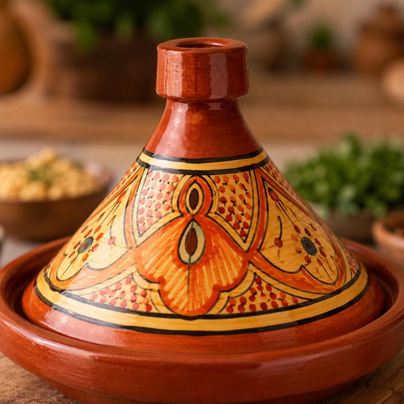 May include: A terracotta tagine pot with a conical lid. The lid is decorated with an intricate orange and yellow floral pattern. The base and lid are a deep reddish-brown color. This traditional cookware is used for slow-cooked stews.