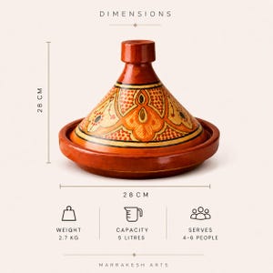 May include: A terracotta tagine pot, 28 cm in diameter and height, with a conical lid and a wide base. The lid is decorated with orange and beige patterns. It weighs 2.7 kg and has a capacity of 5 liters, serving 4-6 people.
