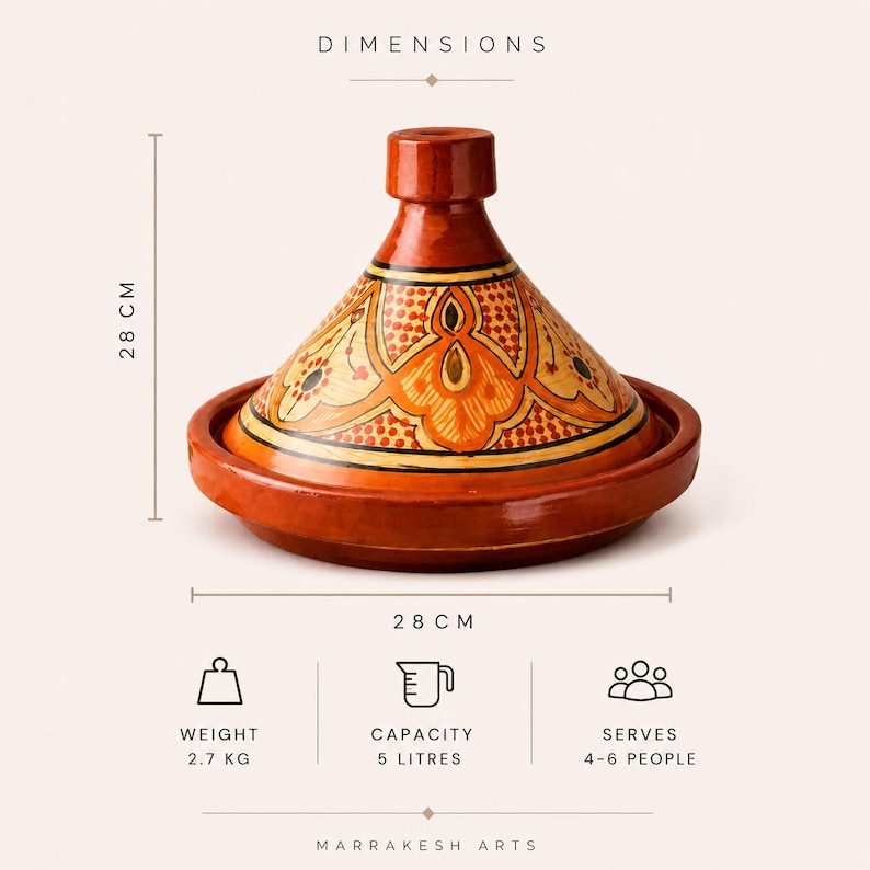 May include: A terracotta tagine pot, 28 cm in diameter and height, with a conical lid and a wide base. The lid is decorated with orange and beige patterns. It weighs 2.7 kg and has a capacity of 5 liters, serving 4-6 people.