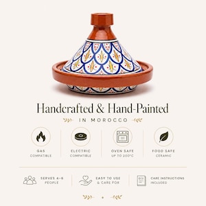 May include: Hand-painted Moroccan tagine pot. The ceramic cooking vessel features a conical lid and a wide base. The lid is white with blue and yellow patterns. The tagine is oven safe up to 392&deg;F and serves 4-6 people.