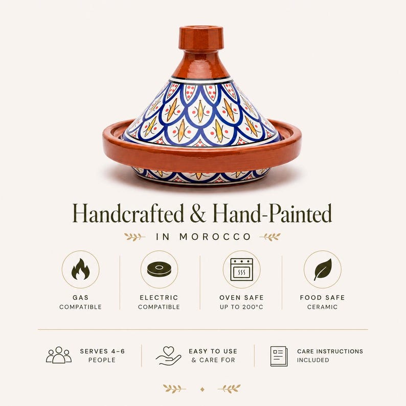 May include: Hand-painted Moroccan tagine pot. The ceramic cooking vessel features a conical lid and a wide base. The lid is white with blue and yellow patterns. The tagine is oven safe up to 392&deg;F and serves 4-6 people.