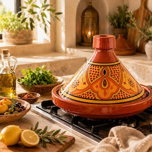 May include: A red and orange ceramic tagine pot with a conical lid, featuring intricate yellow and orange patterns. The tagine sits on a stovetop, surrounded by ingredients like lemons, olives, and herbs, suggesting a culinary theme.