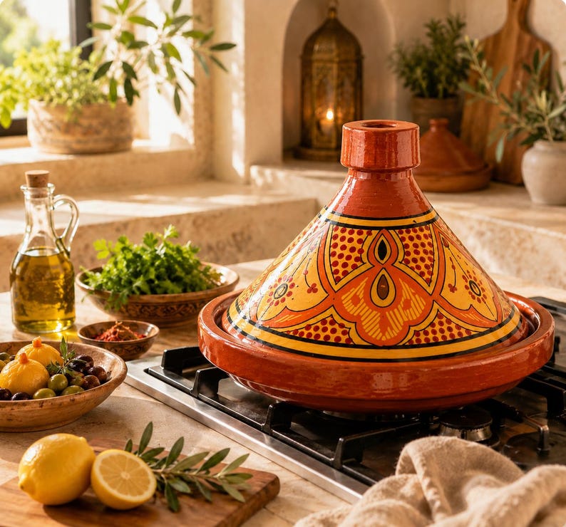 May include: A red and orange ceramic tagine pot with a conical lid, featuring intricate yellow and orange patterns. The tagine sits on a stovetop, surrounded by ingredients like lemons, olives, and herbs, suggesting a culinary theme.