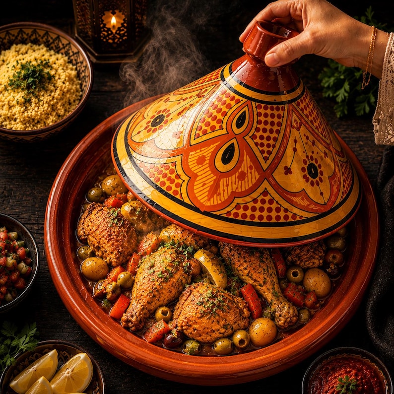 May include: A traditional Moroccan tagine dish with chicken, olives, and vegetables, served in a terracotta pot. The tagine is topped with a decorative lid. Additional bowls of couscous, salsa, and lemon wedges are arranged around the main dish.