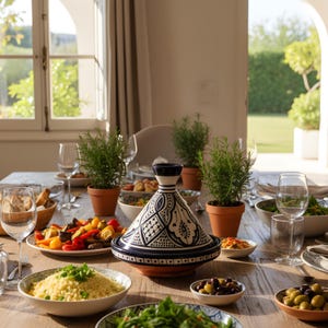 Op de afbeelding: Een eettafel gedekt voor een maaltijd, met een keramische tajine met een blauw en wit ontwerp, omringd door borden met eten, glazen en kleine potplanten. De tafel staat bij een raam met natuurlijk licht.