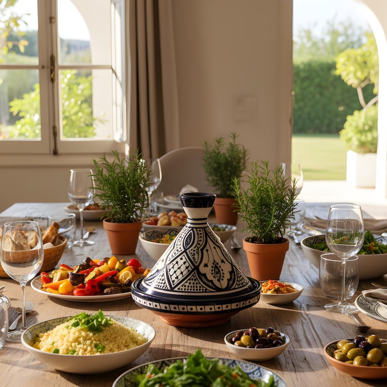 Op de afbeelding: Een eettafel gedekt voor een maaltijd, met een keramische tajine met een blauw en wit ontwerp, omringd door borden met eten, glazen en kleine potplanten. De tafel staat bij een raam met natuurlijk licht.