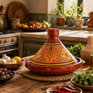 May include: A red and orange ceramic tagine pot with a decorative lid, set on a wooden table. The kitchen scene includes bowls of fresh produce and herbs, suggesting a culinary theme.