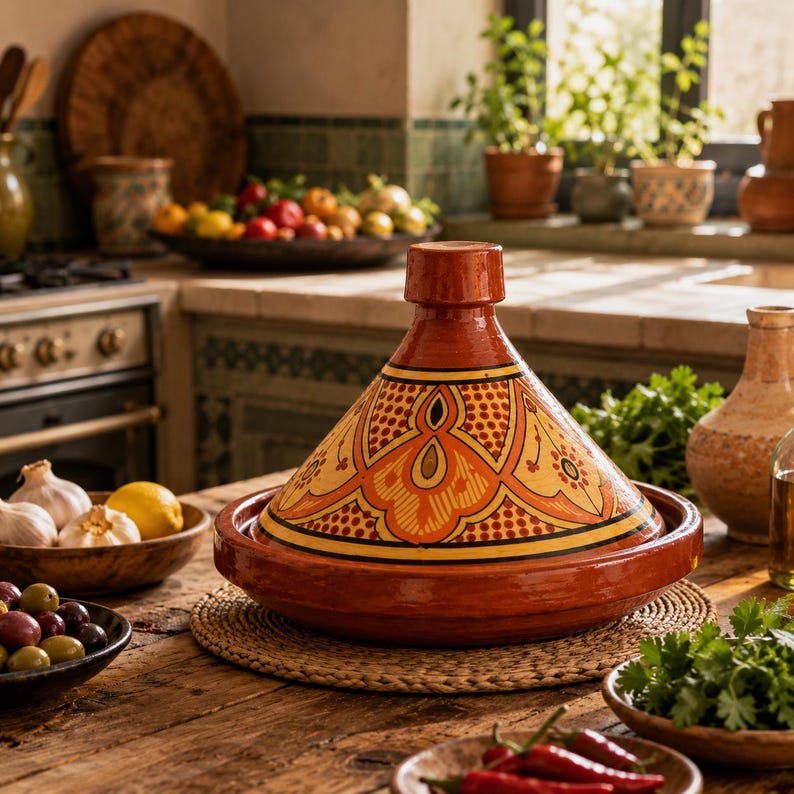 May include: A red and orange ceramic tagine pot with a decorative lid, set on a wooden table. The kitchen scene includes bowls of fresh produce and herbs, suggesting a culinary theme.
