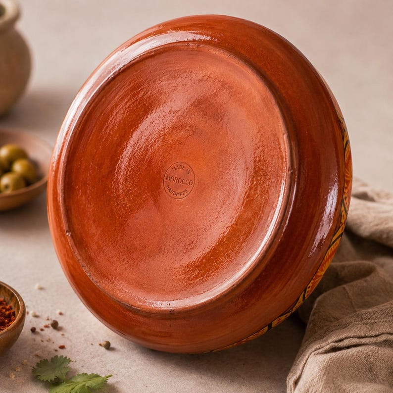 May include: A handmade, terracotta-colored ceramic bowl with a glossy finish. The bottom of the bowl features a circular stamp that reads "MADE IN MOROCCO HANDMADE". The bowl's rim has a decorative pattern in yellow and orange.