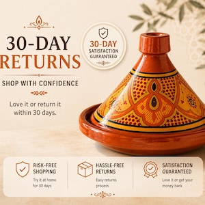 May include: A terracotta tagine pot with a conical lid, featuring intricate yellow and orange patterns. The image includes text about 30-day returns and satisfaction guarantees, promoting risk-free shopping.