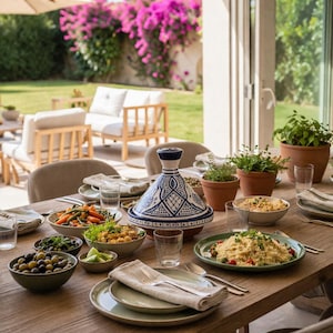 Op de afbeelding: Een houten eettafel gedekt voor een maaltijd in de buitenlucht. De tafel is beladen met gerechten, waaronder couscous, groenten en olijven. Een blauw-witte tajinepot is het middelpunt. De setting is in een tuin met zitplaatsen en bloeiende planten.