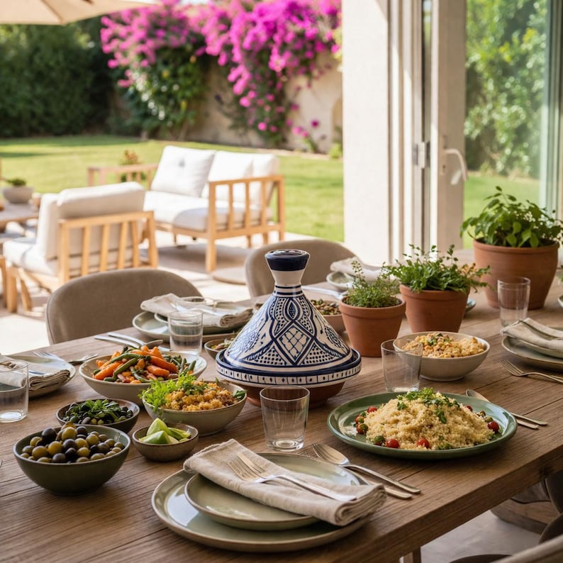 Op de afbeelding: Een houten eettafel gedekt voor een maaltijd in de buitenlucht. De tafel is beladen met gerechten, waaronder couscous, groenten en olijven. Een blauw-witte tajinepot is het middelpunt. De setting is in een tuin met zitplaatsen en bloeiende planten.