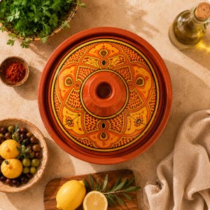 May include: A terracotta tagine pot with an intricate orange and yellow geometric design on the lid. The pot is surrounded by ingredients like olives, lemons, herbs, and spices, suggesting a culinary theme.
