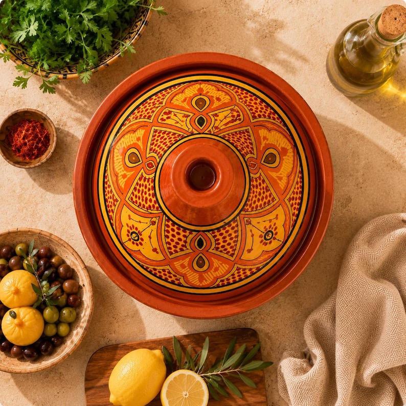 May include: A terracotta tagine pot with an intricate orange and yellow geometric design on the lid. The pot is surrounded by ingredients like olives, lemons, herbs, and spices, suggesting a culinary theme.