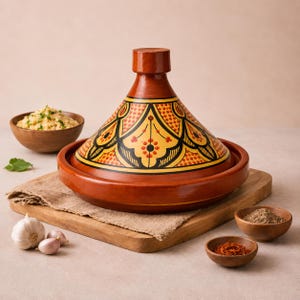 Op de afbeelding: Een terracotta tajinepot met een conische deksel, versierd met een geel en zwart geometrisch patroon. De pot staat op een houten plank met kleine kommen met kruiden en couscous. Knoflookteentjes en een bol bevinden zich op de voorgrond.