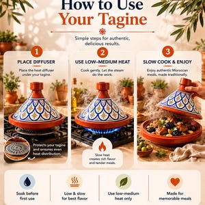 May include: A step-by-step guide on how to use a tagine. The image shows a red, blue, and white tagine on a stovetop. The text reads "How to Use Your Tagine" and includes instructions for using the tagine for authentic Moroccan meals.