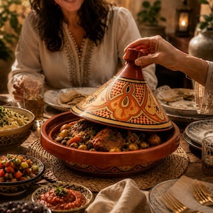 May include: A traditional Moroccan tagine dish with a conical lid, filled with cooked food. The earthenware pot is red-brown with a decorative lid featuring orange and yellow patterns. The table setting includes side dishes, plates, and glasses, suggesting a shared meal.