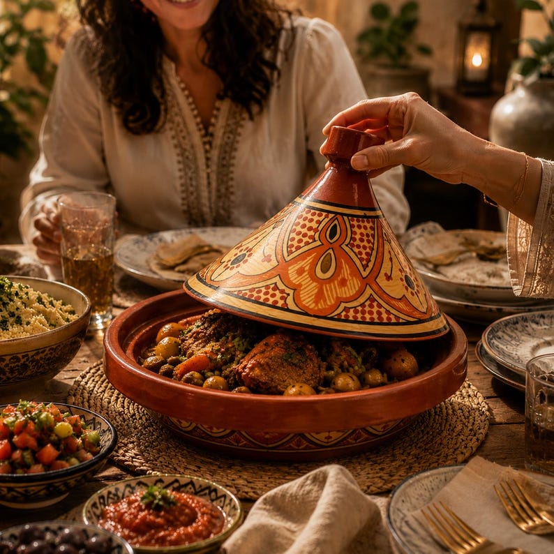 May include: A traditional Moroccan tagine dish with a conical lid, filled with cooked food. The earthenware pot is red-brown with a decorative lid featuring orange and yellow patterns. The table setting includes side dishes, plates, and glasses, suggesting a shared meal.