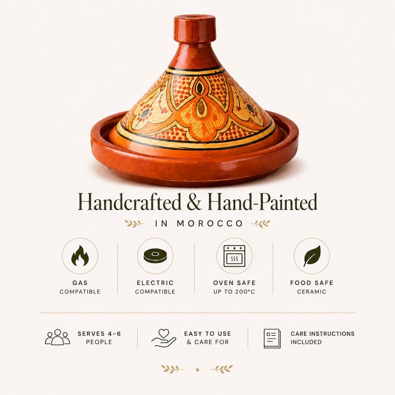 May include: Hand-painted Moroccan tagine pot in shades of orange and yellow. The ceramic cooking vessel is gas, electric, and oven safe up to 200&deg;C. It serves 4-6 people and includes care instructions. The text reads "Handcrafted & Hand-Painted in Morocco."