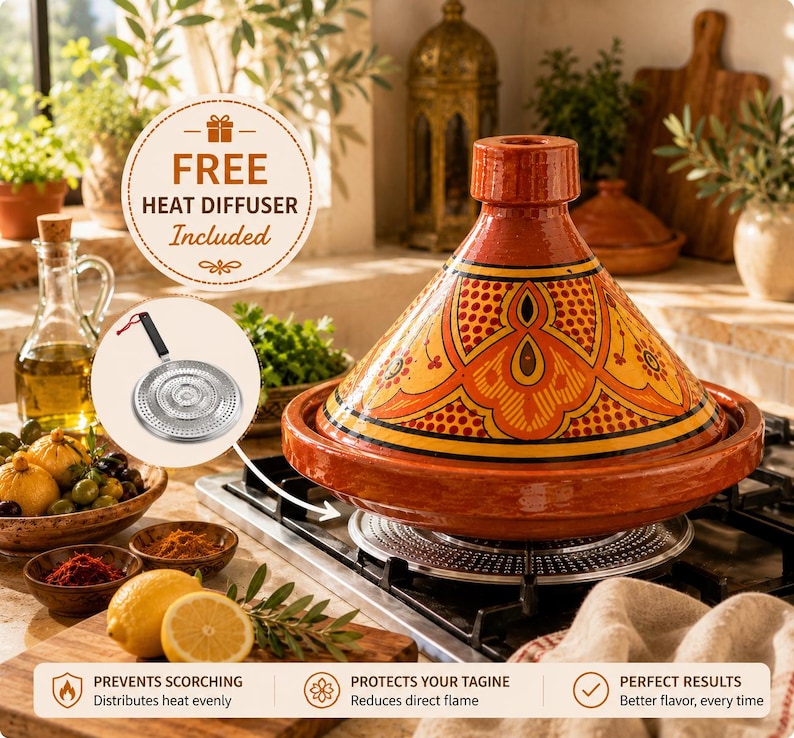 May include: A vibrant, orange and yellow Moroccan tagine pot with a conical lid, resting on a heat diffuser. The tagine features intricate geometric patterns. The image also includes a free heat diffuser.