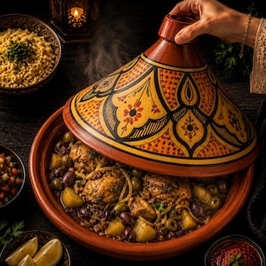 May include: A traditional Moroccan tagine dish with chicken, olives, and potatoes, served in a decorative earthenware pot. The pot has a conical lid with intricate yellow and black patterns. Other dishes include couscous, a tomato salad, and lemon wedges.