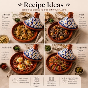 May include: A collage showcasing four tagine dishes: Chicken Tagine, Beef Stew, Shakshuka, and Vegetable Tagine. Each dish is presented in a traditional earthenware tagine pot with a conical lid, featuring blue and white decorative patterns. The image includes text with recipe ideas.