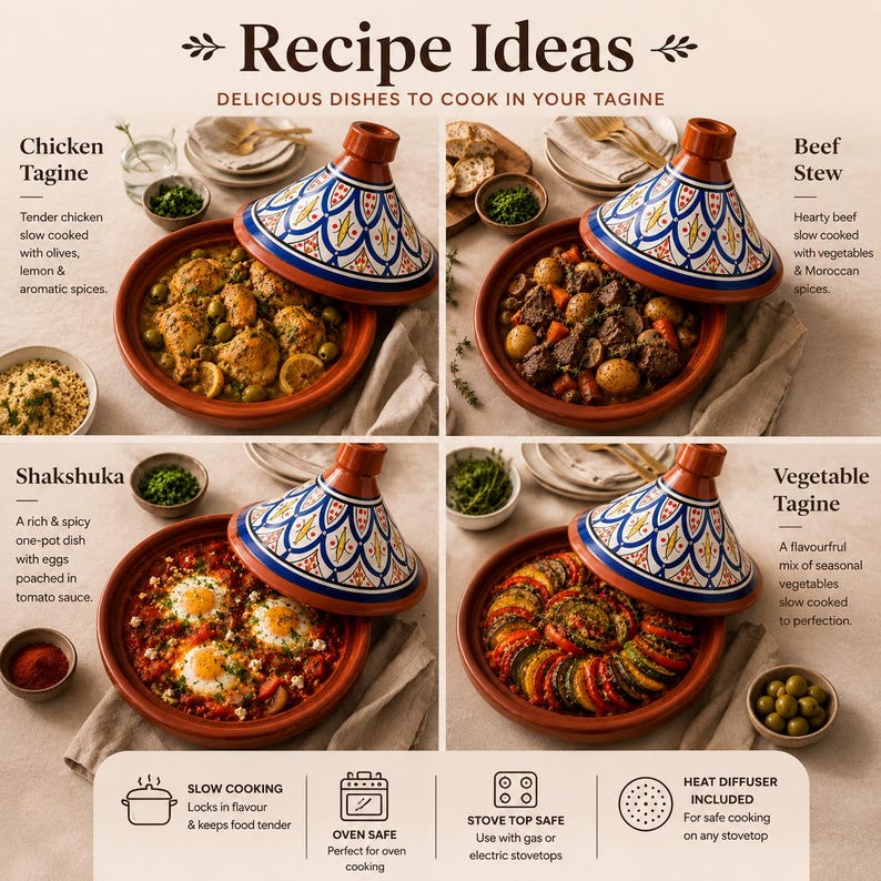 May include: A collage showcasing four tagine dishes: Chicken Tagine, Beef Stew, Shakshuka, and Vegetable Tagine. Each dish is presented in a traditional earthenware tagine pot with a conical lid, featuring blue and white decorative patterns. The image includes text with recipe ideas.