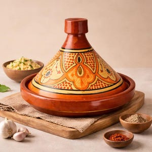 Puede incluir: Una olla de tagine tradicional de terracota con tapa cónica, con diseños florales en naranja y amarillo. La olla está sobre una tabla de madera con pequeños cuencos de especias y cuscús, y dientes de ajo frescos.