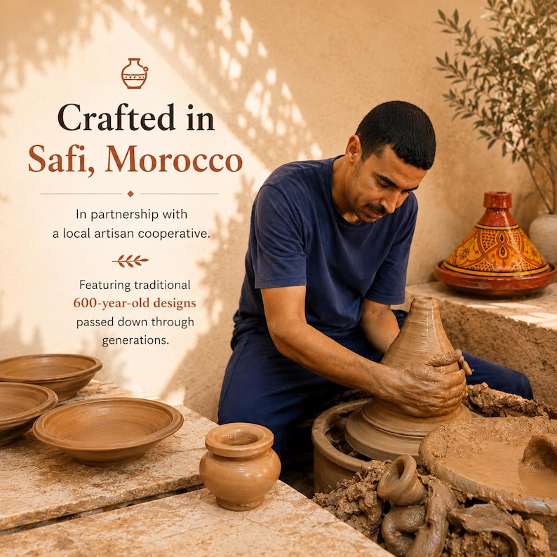 May include: A potter in Safi, Morocco, crafts pottery on a wheel. The image shows the text "Crafted in Safi, Morocco" and "Featuring traditional 600-year-old designs passed down through generations.". Several finished clay bowls and a tagine are visible.