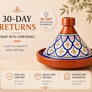 May include: A terracotta tagine pot with a conical lid, featuring a blue and white geometric pattern. The image includes text that reads "30-DAY RETURNS" and "SHOP WITH CONFIDENCE". The tagine is a traditional North African cooking vessel.