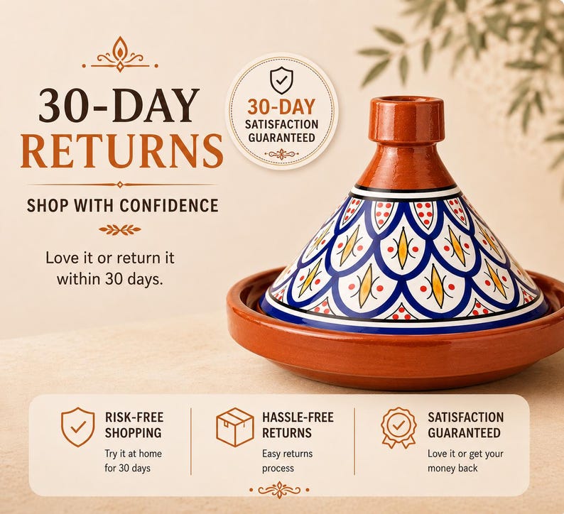 May include: A terracotta tagine pot with a conical lid, featuring a blue and white geometric pattern. The image includes text that reads "30-DAY RETURNS" and "SHOP WITH CONFIDENCE". The tagine is a traditional North African cooking vessel.