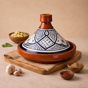 Peut inclure: Un tajine marocain traditionnel avec un couvercle conique, une base et un couvercle marron avec des motifs géométriques bleus et blancs. Le pot est posé sur une planche en bois avec de petits bols d'épices et du couscous.