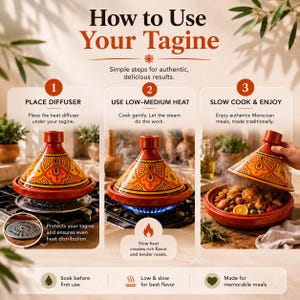 May include: A step-by-step guide on how to use a tagine. The image shows a red tagine with a conical lid, with text that reads "How to Use Your Tagine". The steps include using a diffuser, low-medium heat, and slow cooking.
