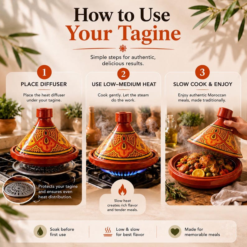 May include: A step-by-step guide on how to use a tagine. The image shows a red tagine with a conical lid, with text that reads "How to Use Your Tagine". The steps include using a diffuser, low-medium heat, and slow cooking.