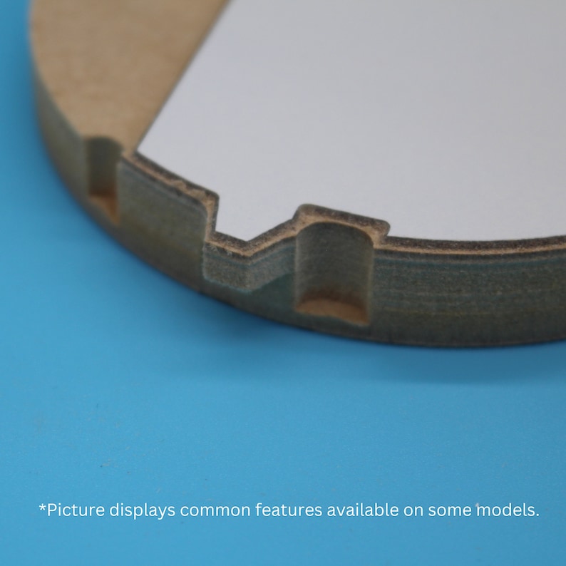 May include: Close-up of a round, light brown wooden object with a white insert. The object has a notched edge and a rectangular cutout. The background is a solid blue. Text at the bottom reads, "Picture displays common features available on some models."