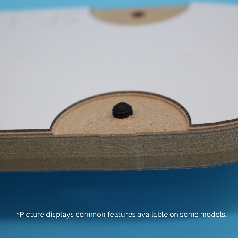 May include: Close-up of a wooden board with a black screw in the center. The board is layered and has a light brown color.