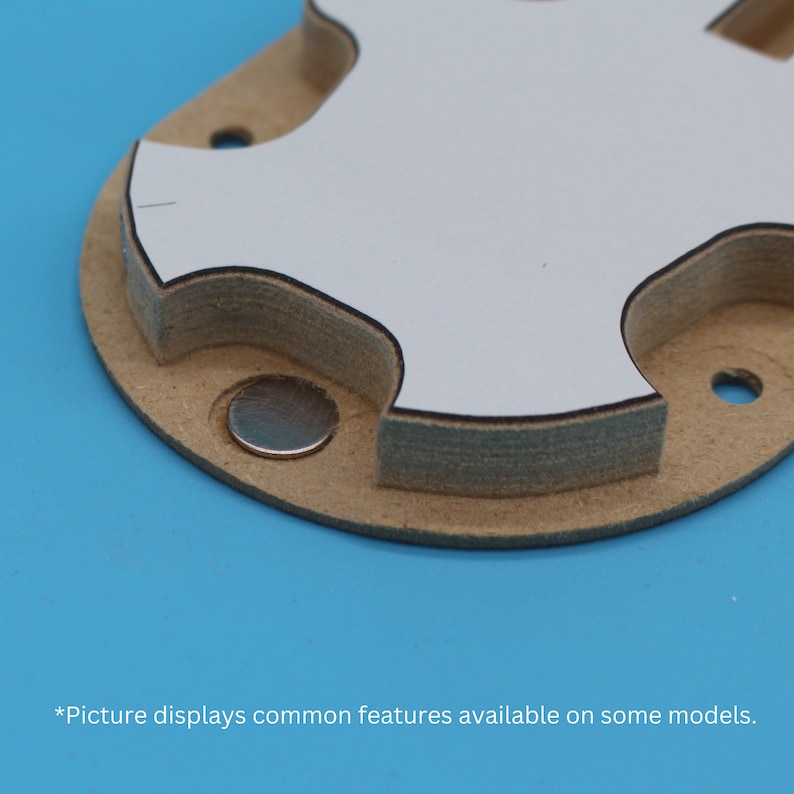 May include: Close-up of a light brown, multi-layered object with a white top layer and a silver disc. The object has a unique shape with rounded edges and cut-out sections. The text at the bottom says "Picture displays common features available on some models."