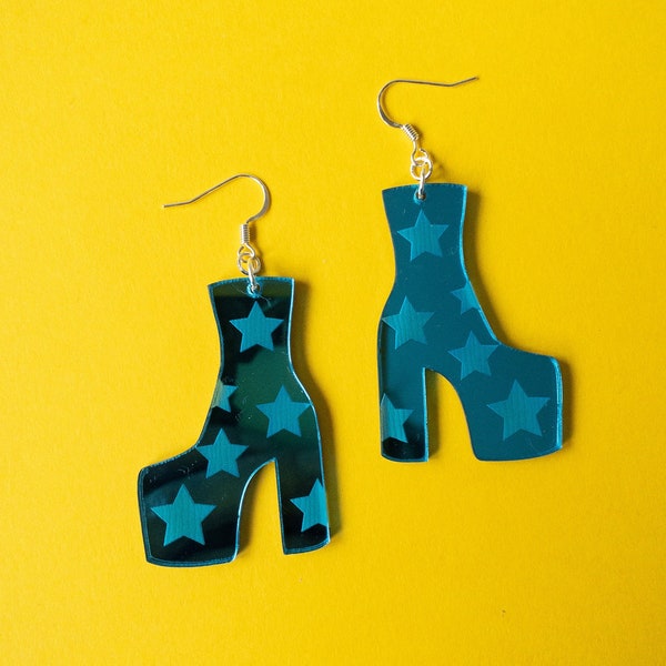 Blue Mirror Star Platform Boot Hook Dangle Earrings | Fun Colourful Retro 70s Glam Rock | Statement Laser Cut Acrylic Engraved Jewellery