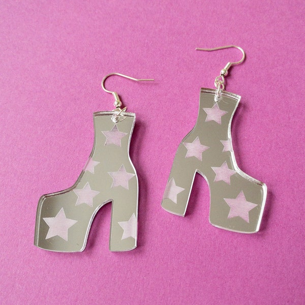 Silver Mirror Star Platform Boot Hook Dangle Earrings | Fun Colourful Retro 70s Glam Rock | Statement Laser Cut Acrylic Engraved Jewellery