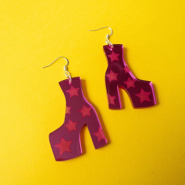 Pink Mirror Star Platform Boot Hook Dangle Earrings | Fun Colourful Retro 70s Glam Rock | Statement Laser Cut Acrylic Engraved Jewellery