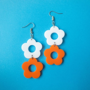 Mod 60s Style Hippie | White and Orange Flower Hook Earrings | Retro Laser Cut Acrylic Jewellery | Large Dangle Statement Accessory
