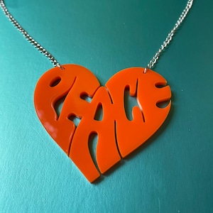 Peace and Love 60s Style Hippie Heart Acrylic Necklace | Statement Pendant Jewellery | Retro Orange Silver Chain