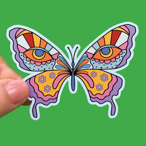 60s 70s Style Groovy Retro Illustration | Psychedelic Butterfly Moth Colourful | Glossy Sticker Laptop Notebook Accessories Decoration